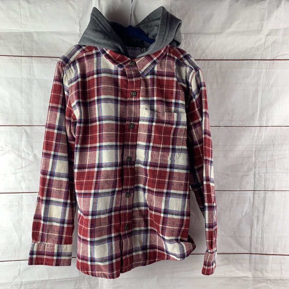 Old Navy Boys Shirt Kids Plaid Flannel Hooded Buttons Red Fleece  Cowboy 6 7 S